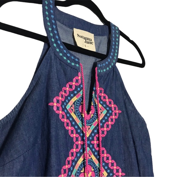 Savanah Jane Boho Blue Chambray Embroidered Sleeveless Shift Dress Sz S - Picture 6 of 14